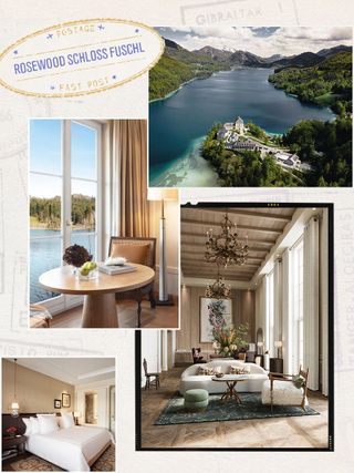A collage of four images depicting the interior and exterior of a new lakeside hotel in Austria.