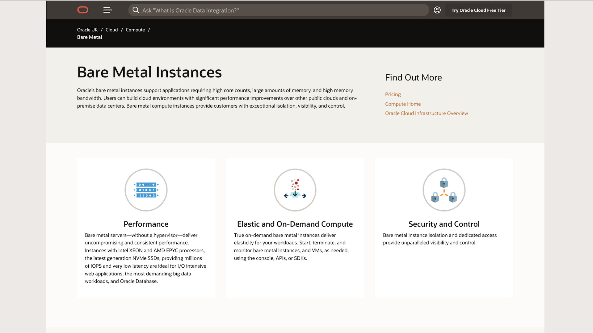 Website screenshot for Oracle Bare Metal Instance