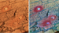A two-panel comparison of Martian rock and rover wheel tracks, with the false-colour decorrelation stretch version highlighting mineral variation that's invisible in the natural-colour image