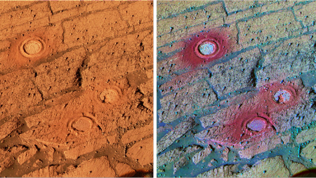 A two-panel comparison of Martian rock and rover wheel tracks, with the false-colour decorrelation stretch version highlighting mineral variation that's invisible in the natural-colour image