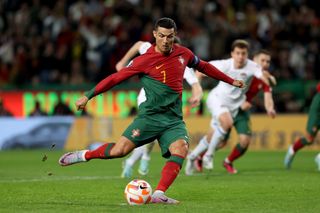 Cristiano Ronaldo scores a penalty for Portugal against Liechtenstein, 2023