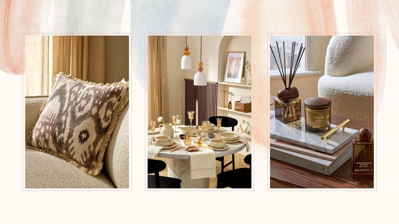 Collage of luxe neutral home accessories as part of the Primark Pinterest home collection