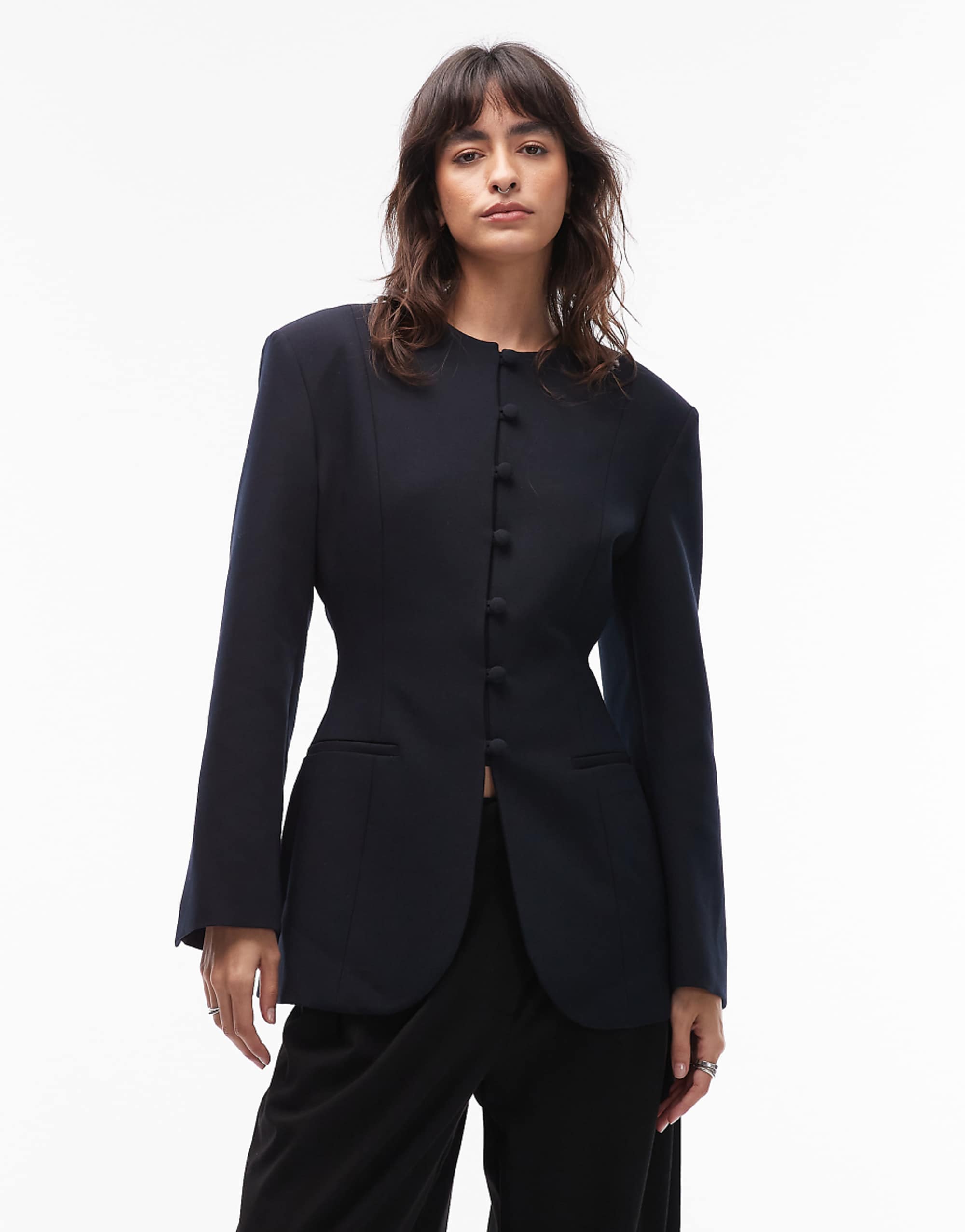 Asos Design Slim Fit High Neck Blazer in Navy