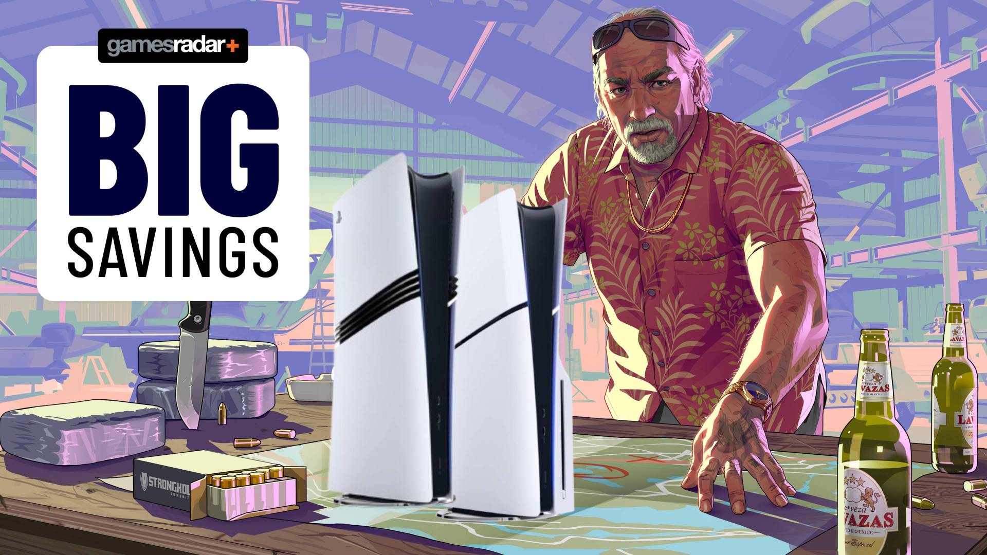 Image of two PS5 consoles on top of an official piece of GTA 6 artwork.