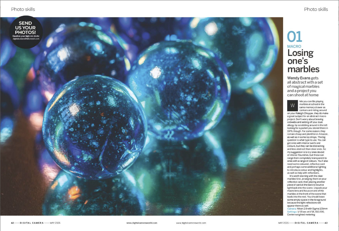 Image showing the first two pages of a Photo Skills project in issue 307 (May 2026) of Digital Camera magazine, explaining how to shoot abstract still-life photos of marbles