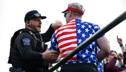 A police officer arrests a fan in US gear