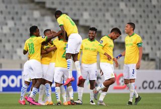 Mamelodi Sundowns players celebrate a goal scored by Lyle Lakay