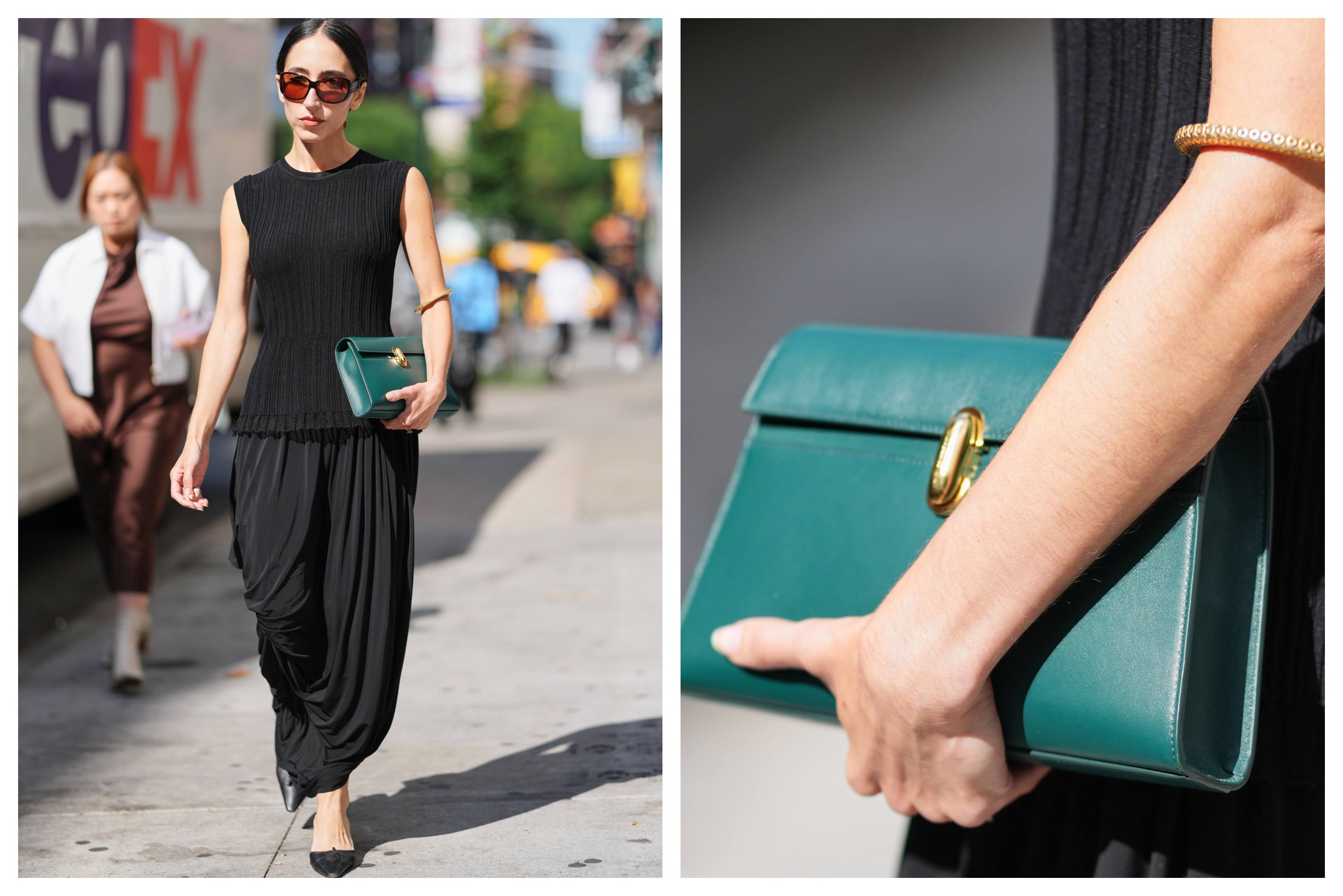 Alexis Badiyi wearing a black dress with a green clutch at new york fashion week