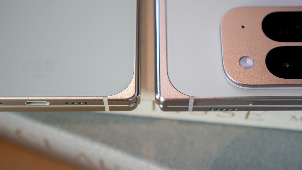 Comparing the Google Pixel 9 Pro Fold (white) with the Google Pixel 10 Pro Fold (green)