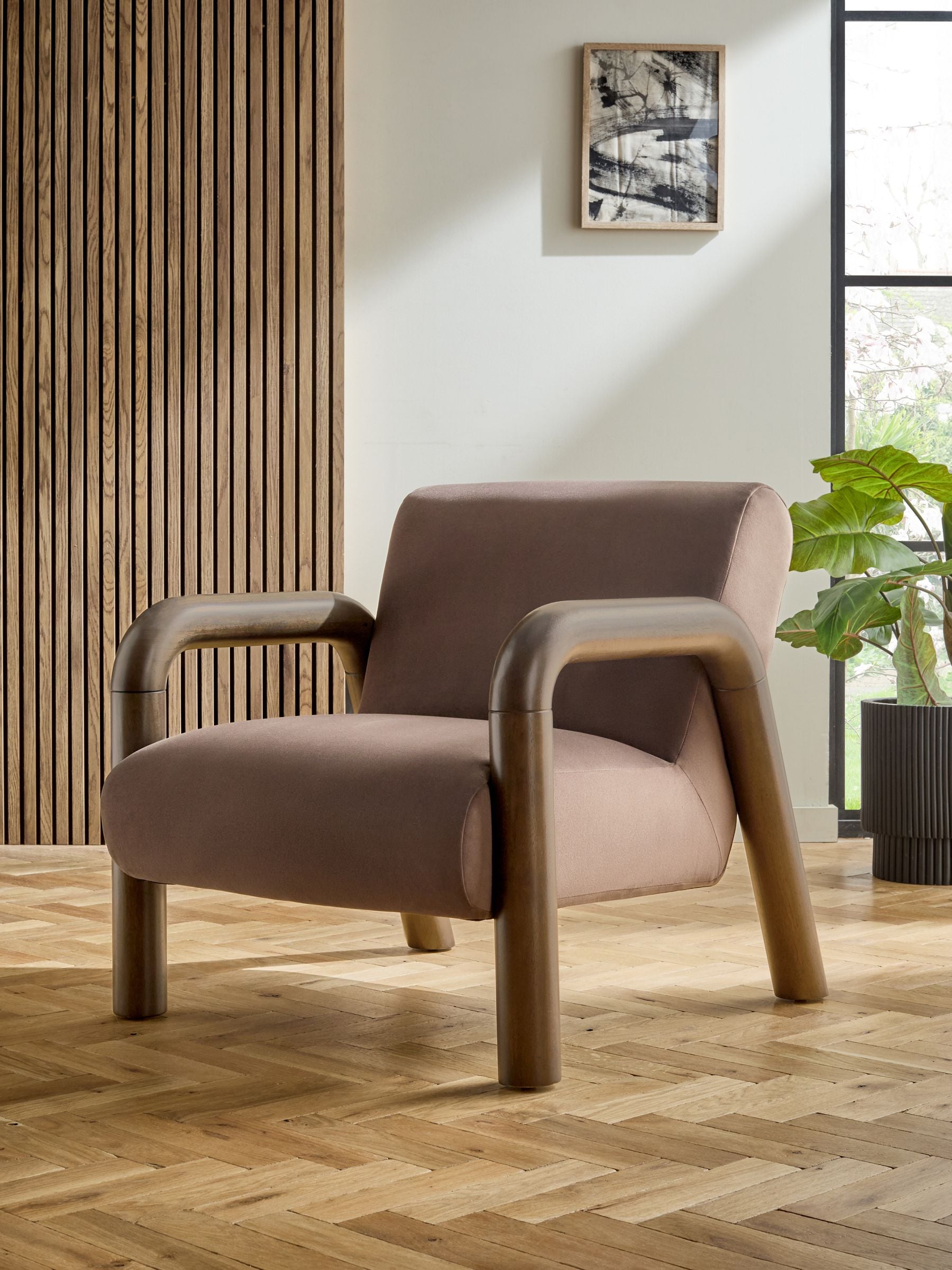 Soft Velvet Chocolate Brown Zander Accent Chair With Solid Wood Arms