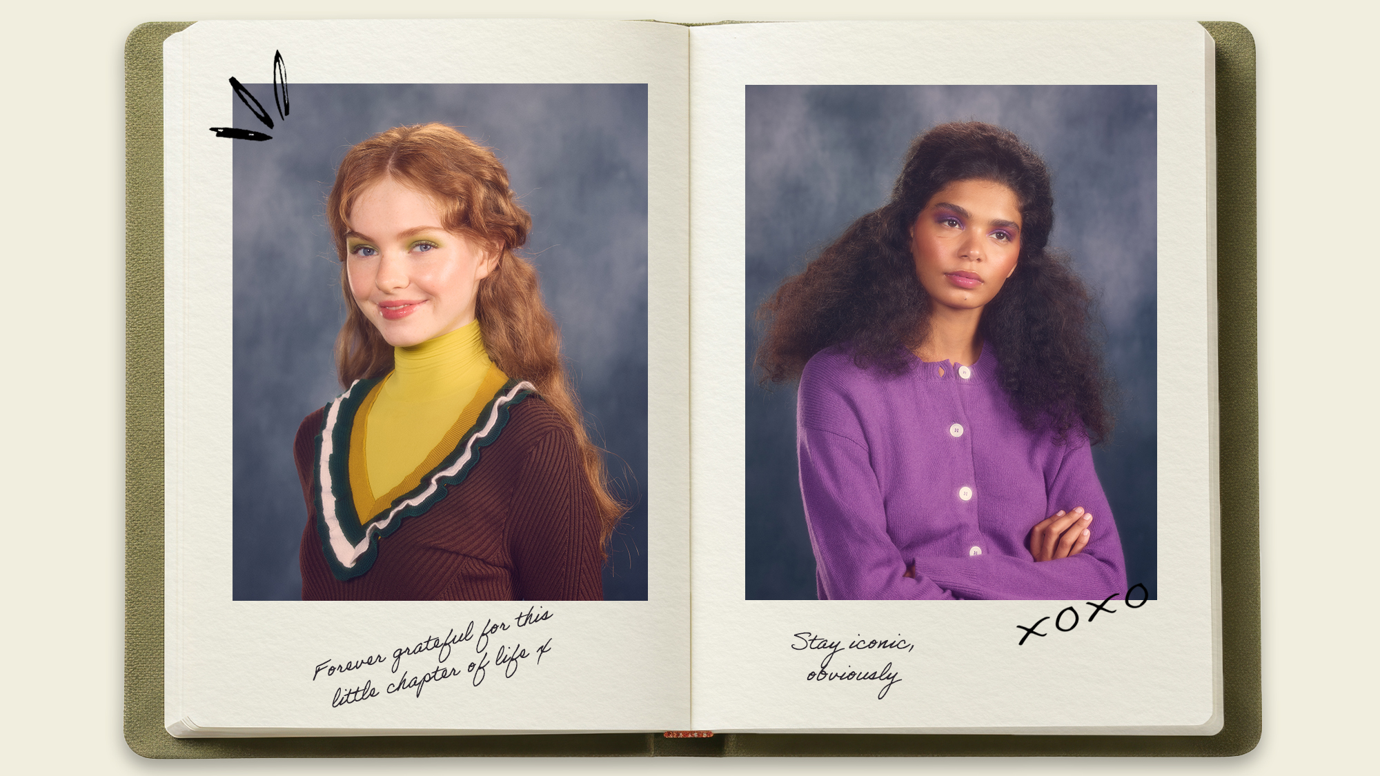 A year-book style graphic with models dressed in nostalgic school uniforms and bold eyeshadow looks