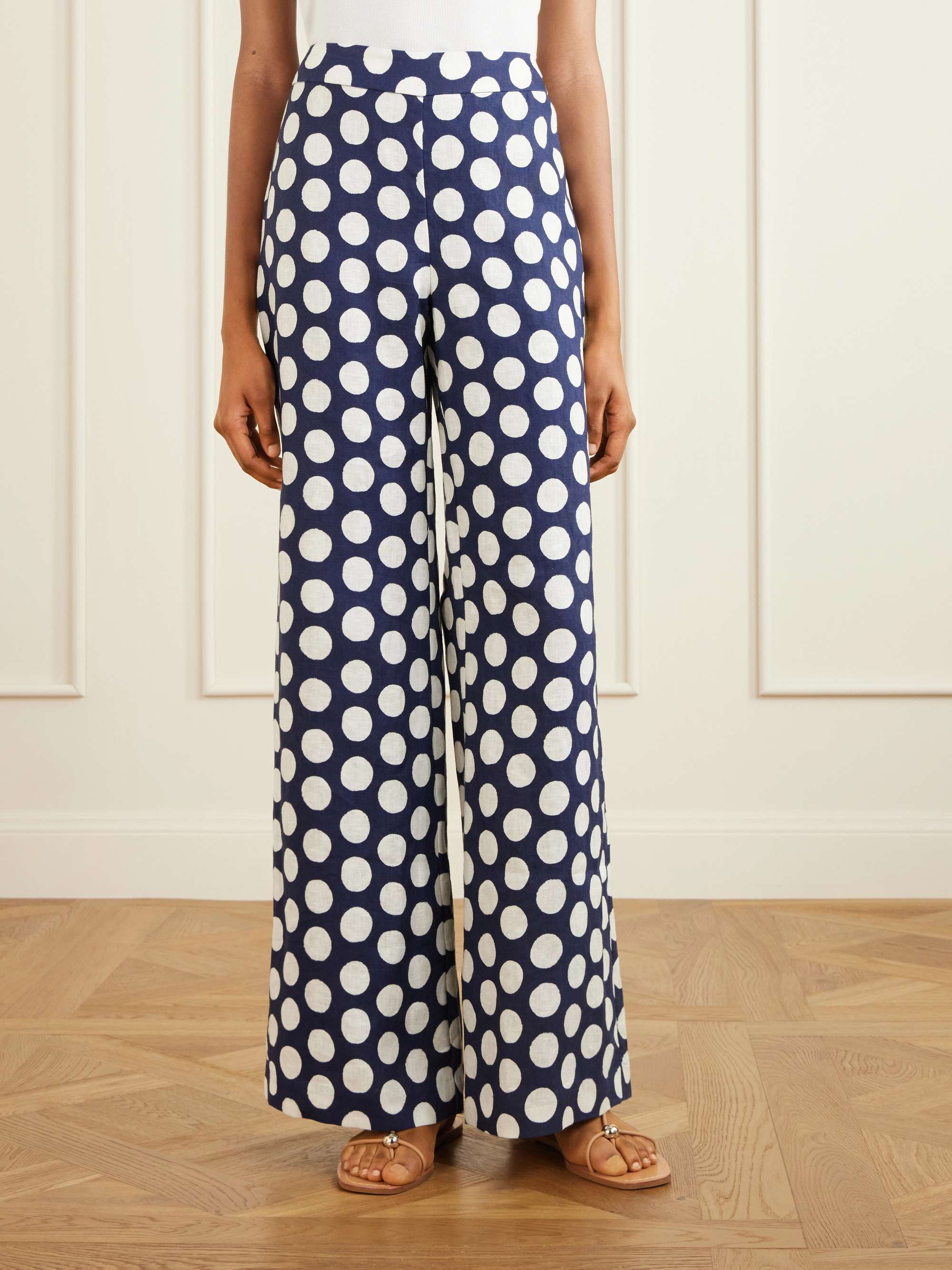 Polka Dot Linen Wide-Leg Pants