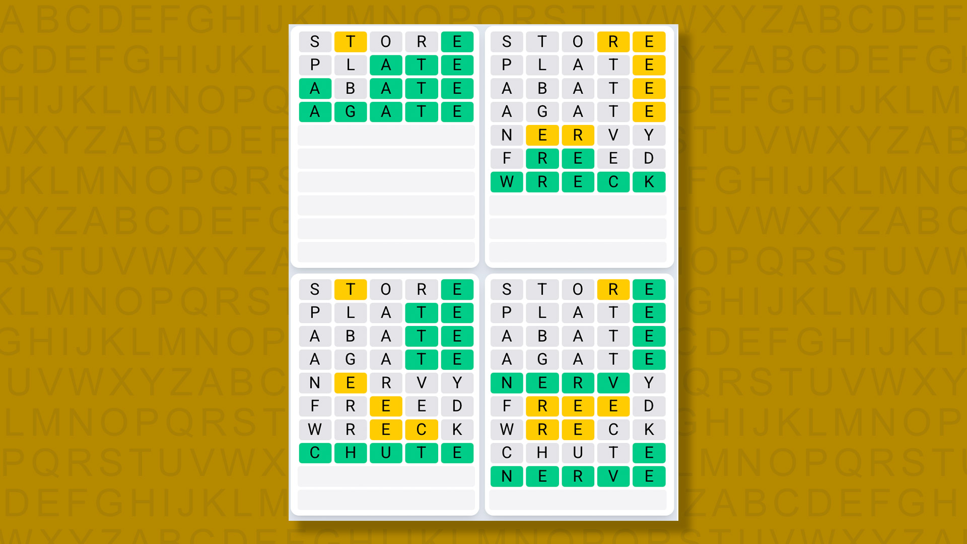 Quordle Daily Sequence answers for game 1432 on a yellow background