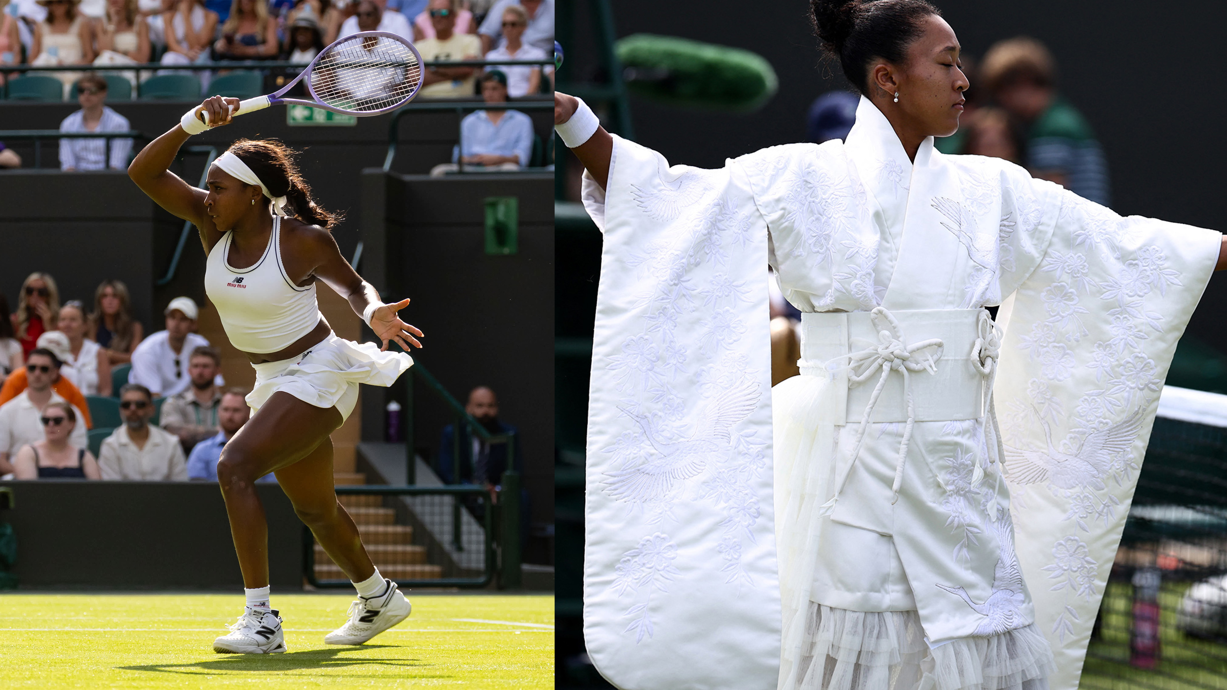 Side-by-side photos of Coco Gauff and Naomi Osaka in their Wimbledon white outfits.