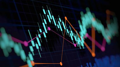 stock market chart with teal bars and red moving averages