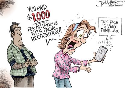 Editorial cartoon U.S. iPhone price facial recognition