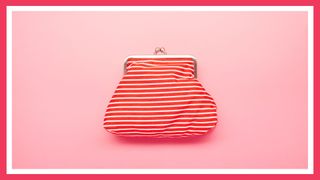 a red and white striped change purse on a pick background with a dark pink border