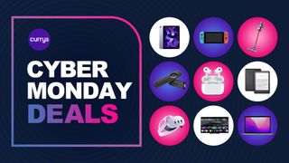 A selection of products on a black background next to text reading Currys Cyber Monday deals