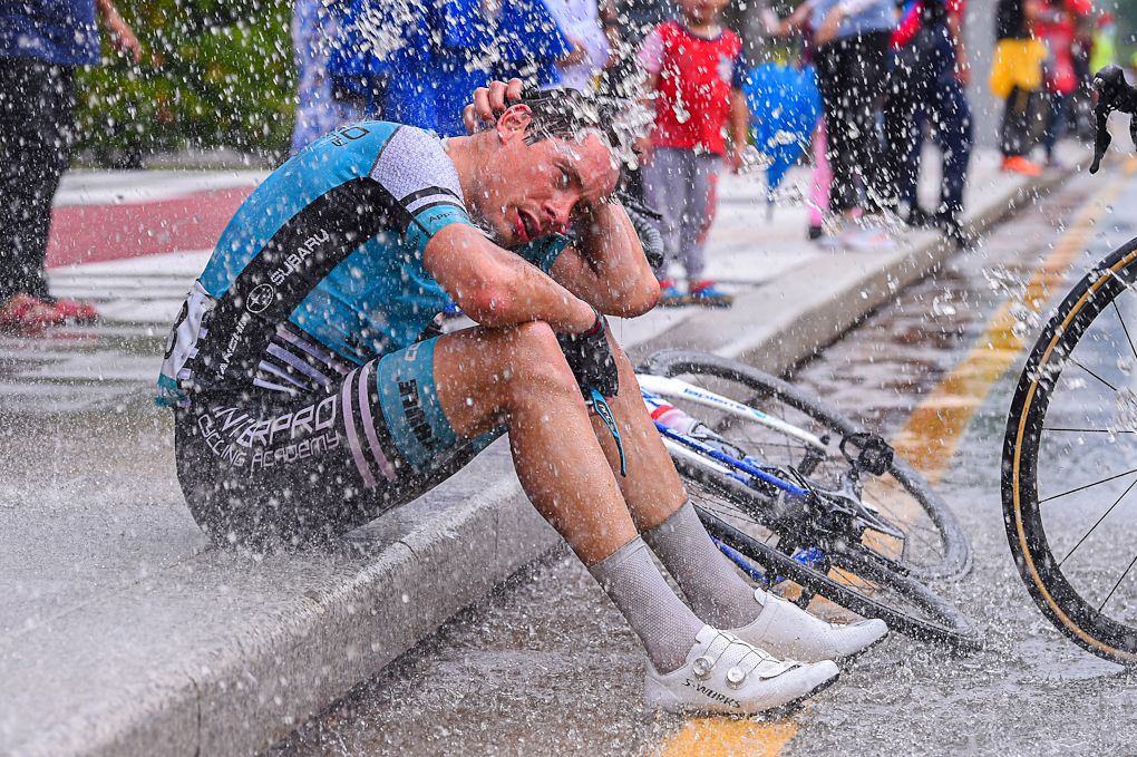 A riders cools down after a stage 3 at Tour de Langkawi