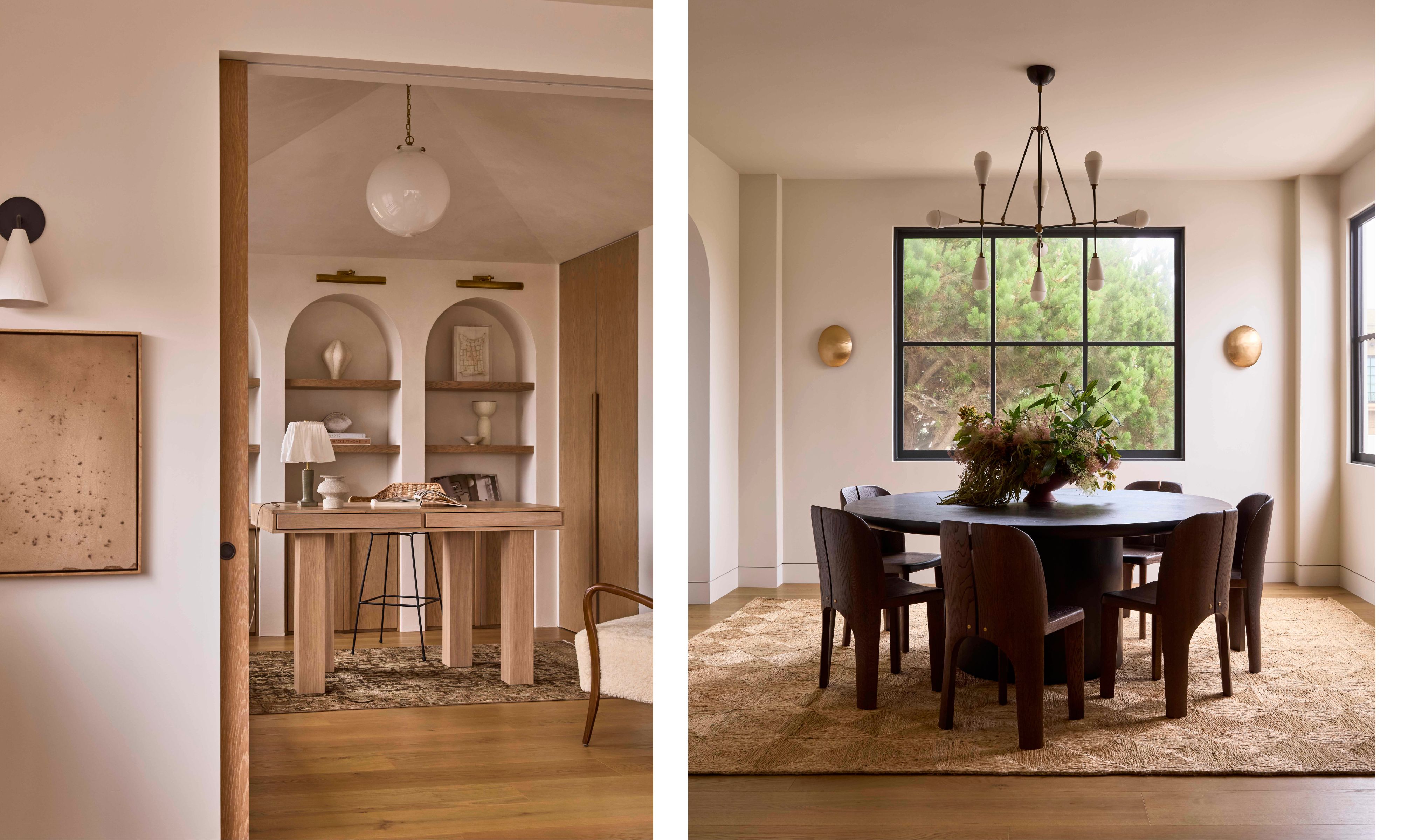 two side by side images of a wabi sabi home office with arched bookcases and a minimal dining room with seagrass rug