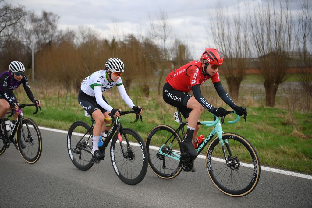 NINOVE BELGIUM FEBRUARY 24 LR Marieke De Groot of The Netherlands and Team ProximusCyclis CT Ana Vitoria Magalhaes of Brazil and Team BepinkBongioanni and Maaike Colje of The Netherlands and Team ArkeaBB Hotels compete in the breakaway during the 16th Omloop Het Nieuwsblad 2024 Womens Elite a 1271km one day race from Ghent to Ninove UCIWWT on February 24 2024 in Ninove Belgium Photo by Alex BroadwayGetty Images