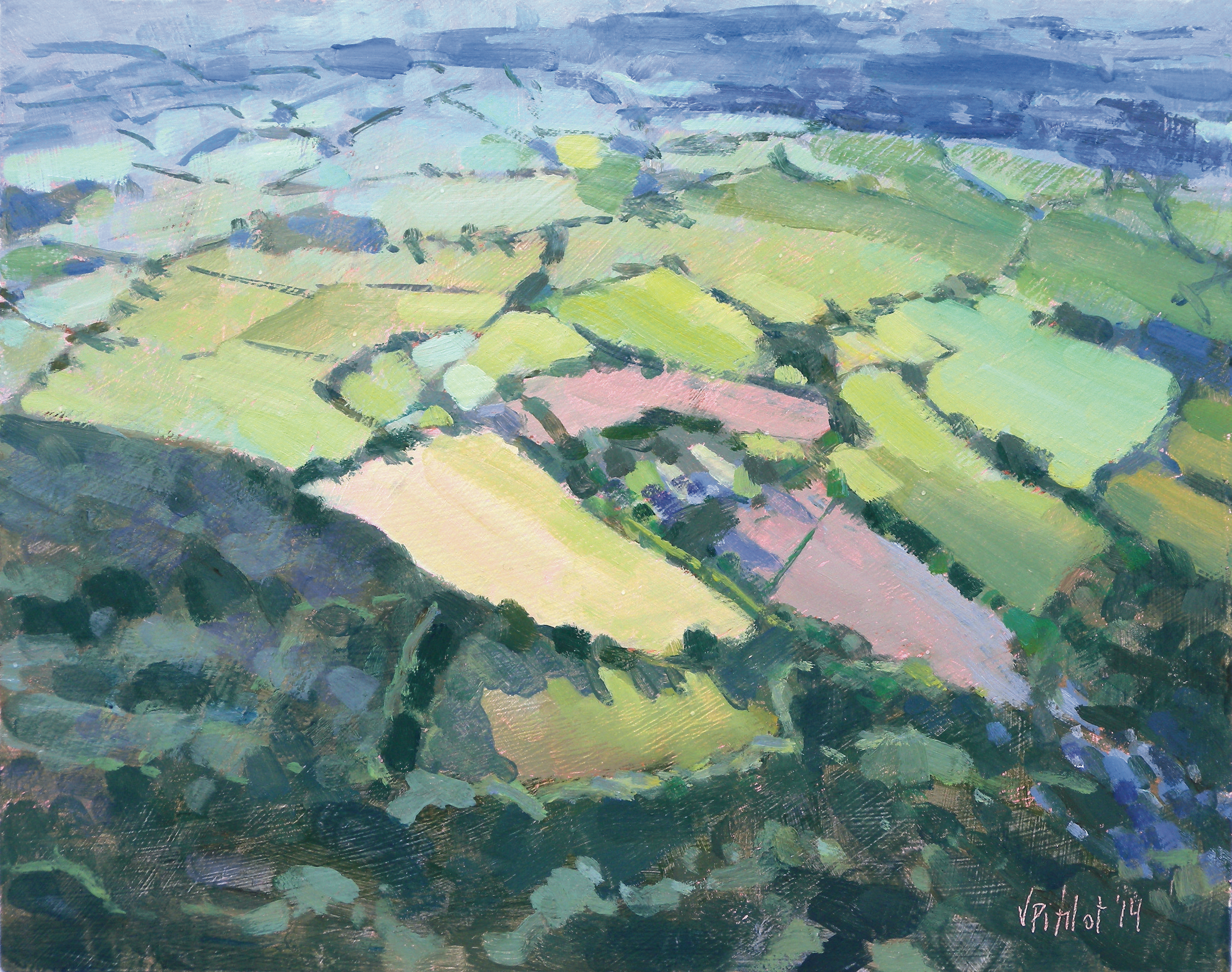 Bức tranh sơn dầu của những ngọn đồi và cánh đồng