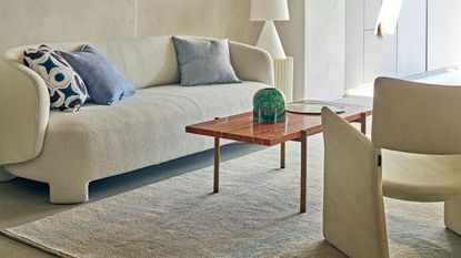 neutral living room with rug, coffee table and couch