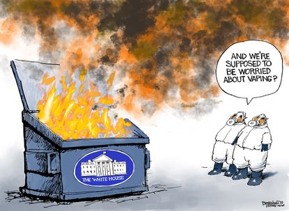 Political Cartoon U.S. Trump White House Garbage Fire Hazmat Vaping