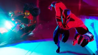 Spider-Woman and Spider-Man 2099 racing into battle in Across the Spider-Verse