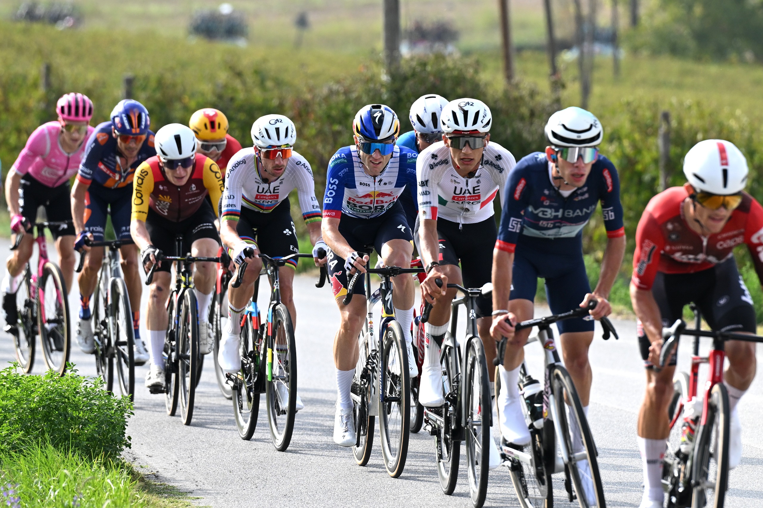 Brandon McNulty of United States and UAE Team Emirates - XRG, Finn Fisher-Black of New Zealand and Team Red Bull - BORA - hansgrohe and Isaac Del Toro of Mexico and UAE Team Emirates - XRG compete during the 110th Gran Piemonte 2026 a 185km one day race from Asti to Bra on October 08, 2026 in Bra, Italy. (Photo by Dario Belingheri/Getty Images)