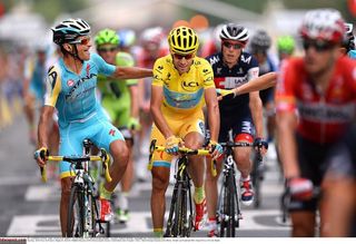 Vincenzo Nibali (Astana) is congratulated as he finishes.