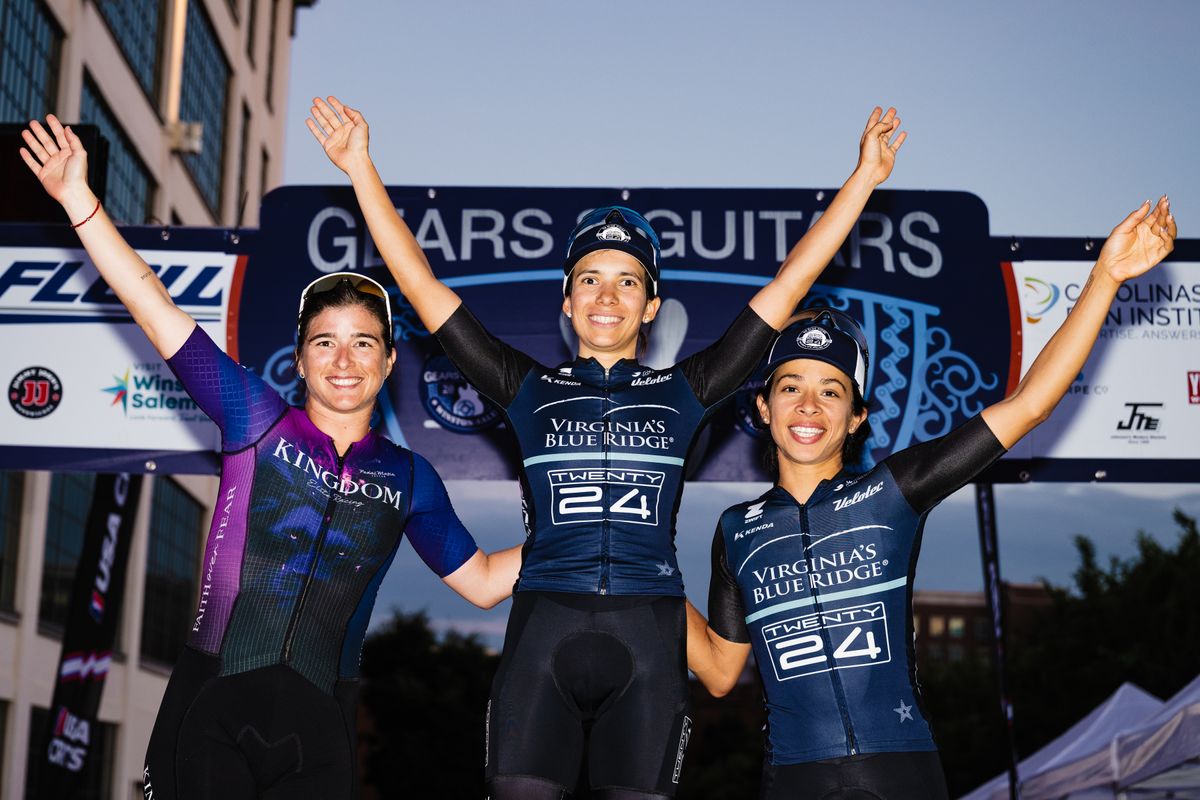 Women's podium at Winston-Salem Cycling Classic, race winner Sofia Arreola in centre