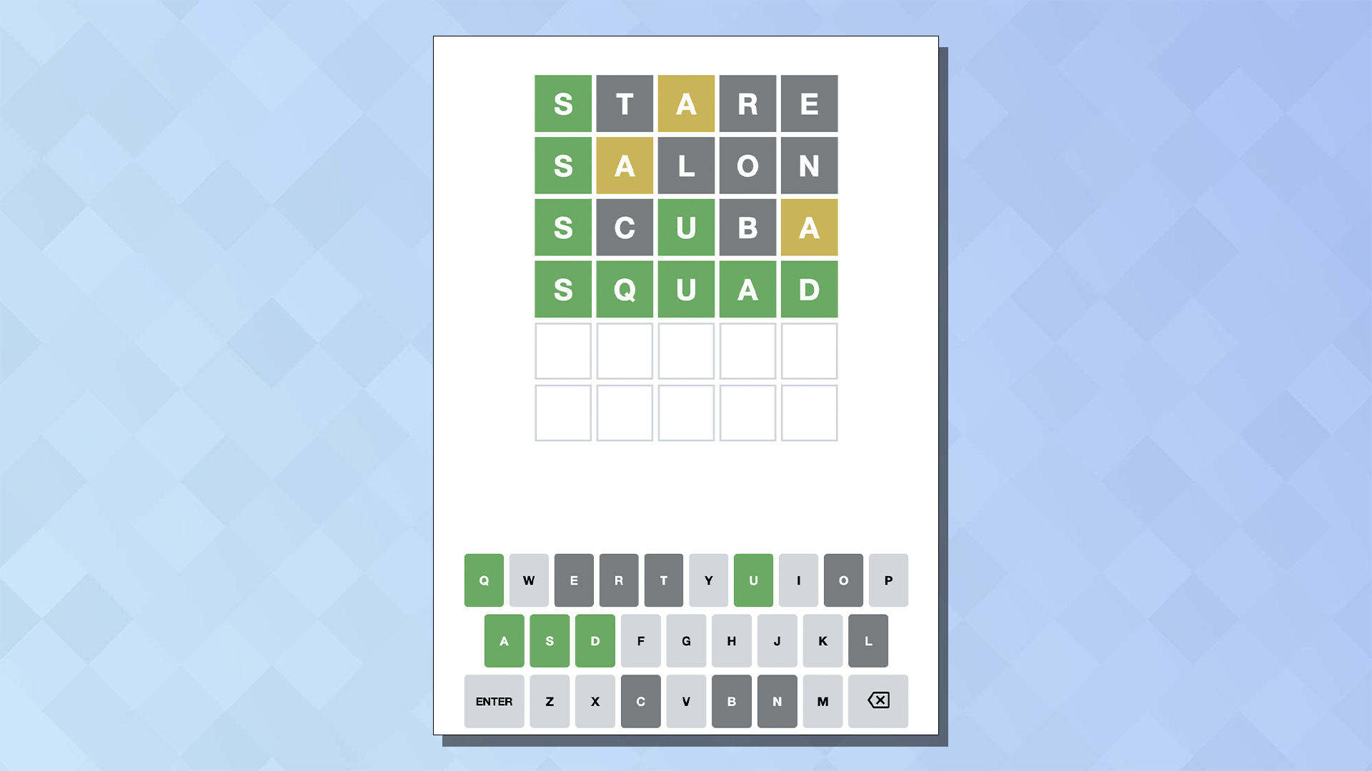 Wordle answer from 11 April 2022 on a blue background. This was the previous time SQUAD appeared as an answer