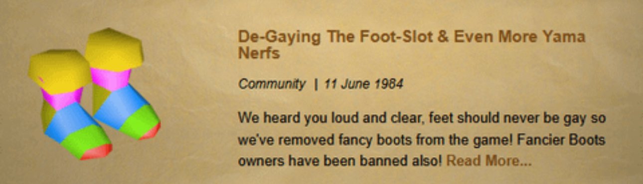 A joke RuneScape update saying the Fancy Boots are being removed to 
