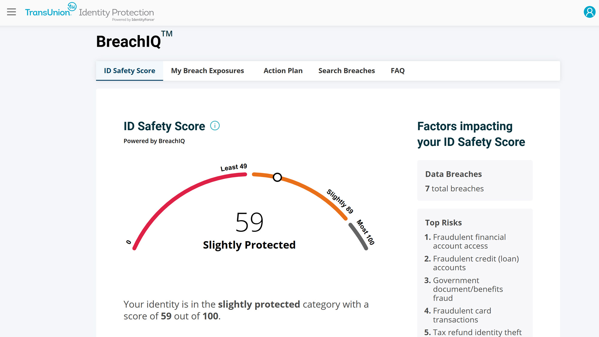 Screenshot of the IdentityForce web interface