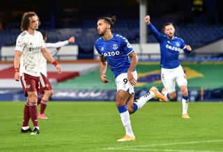 Dominic Calvert-Lewin (centre) celebrates after Arsenal’s Rob Holding (not pictured) scores an own goal