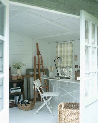 interior of she shed with artist easel