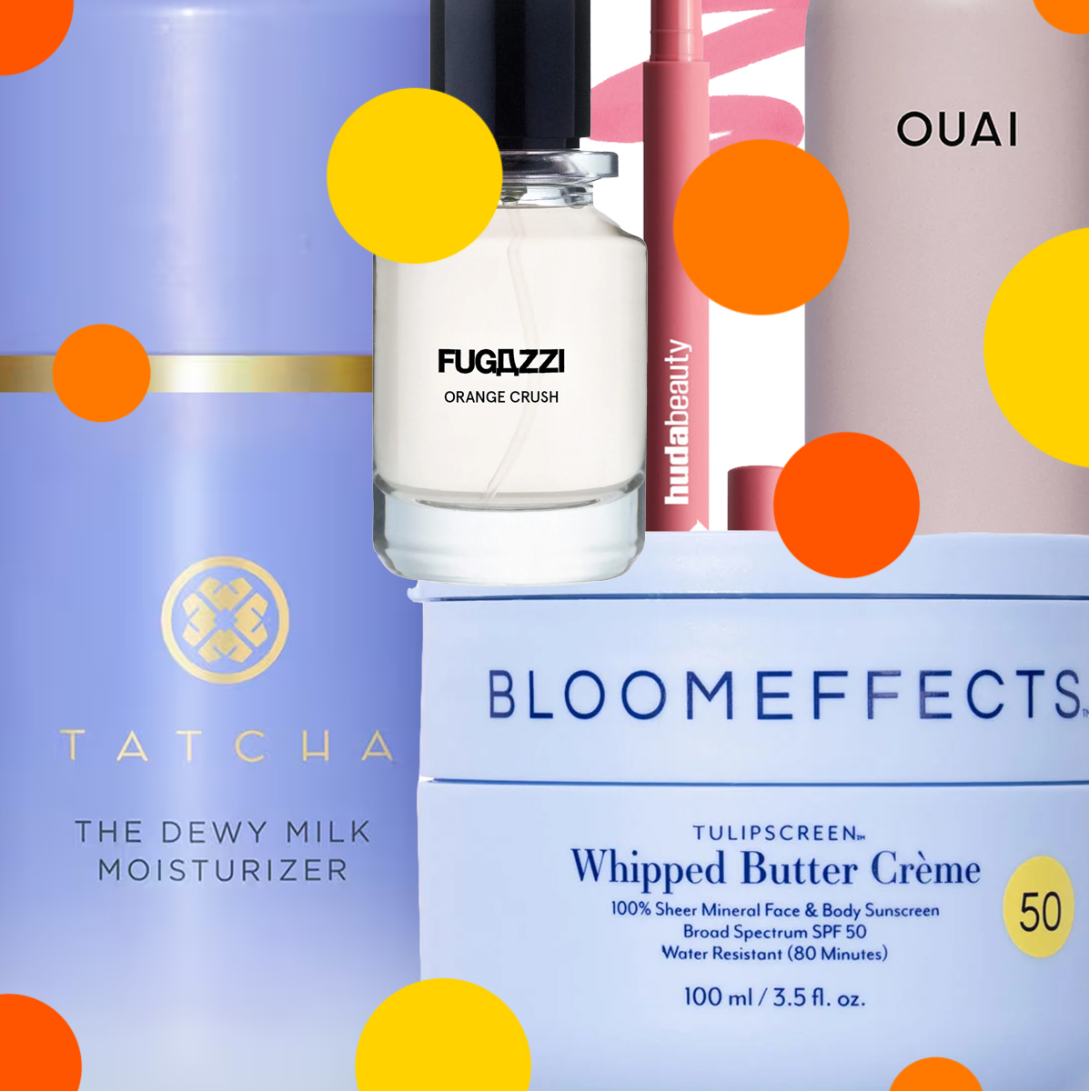 product collage of Bloomeffects Tulipscreen™ Whipped Butter Créme, Tatcha Dewy Milk Moisturizer, OUAI Super Dry Invisible Dry Shampoo, Fugazzi Orange Crush Extrait, HUDA BEAUTY Lip Contour Lip Stain on white background with orange and yellow polka dots 