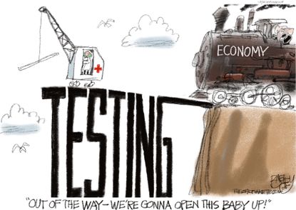 Political Cartoon U.S. GOP speeds to reopen economy testing not secured
