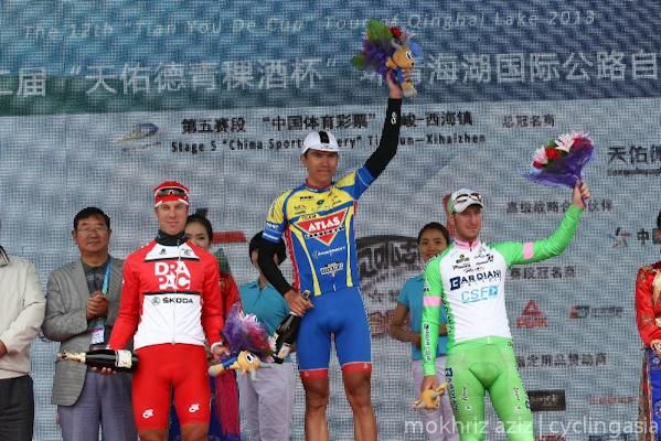 Tour of Qinghai Lake stage 5 podium (L-R): Floris Goesinnen, Oleksandr Polivoda and Sacha Modolo
