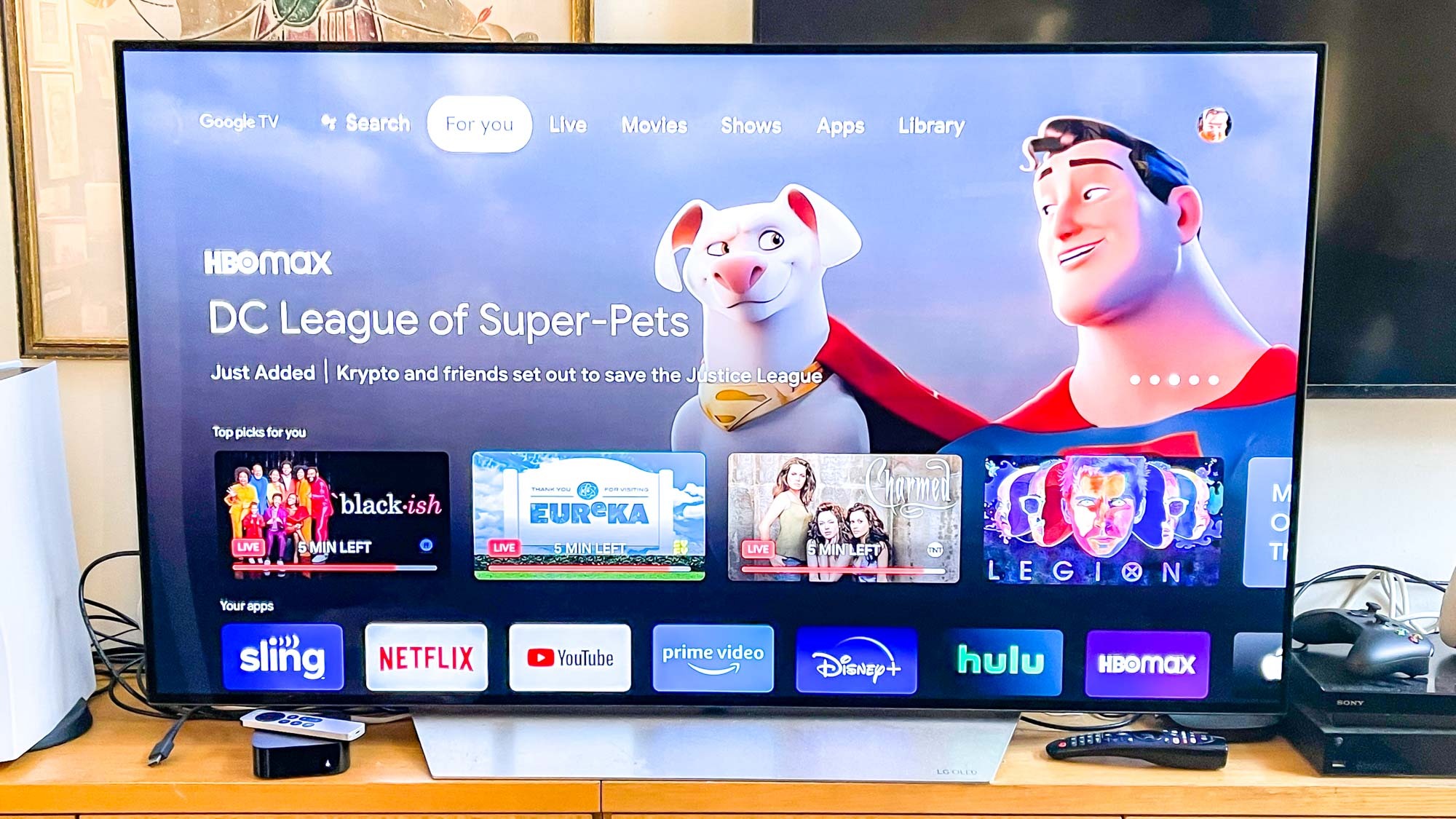 The Chromecast with Google TV HD home screen with a DC League of Super Pets recommendation on a 4K TV