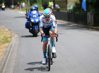 MONTLUCON FRANCE JUNE 08 Fred Wright of Great Britain and Team Bahrain Victorious competes in the breakaway during the 77th Criterium du Dauphine 2025 Stage 1 a 1958km stage from Domerat to Montlucon UCIWT on June 08 2025 in Montlucon France Photo by Dario BelingheriGetty Images