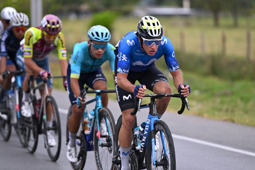 PAIPA COLOMBIA FEBRUARY 06 Vinicius Rangel of Brasil and Movistar Team leads the peloton during the 4th Tour Colombia 2024 Stage 1 a 1686km stage from Paipa to Santa Rosa de Viterbo 2751m on February 06 2024 in Paipa Colombia Photo by Maximiliano BlancoGetty Images