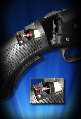 The iGun’s RFID-type system is locked in the upper photo. In the inset, a user’s tag (in the form of a ring) is close enough and the weapon is ready to fire, with the firing mechanism no longer blocked.