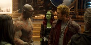 Drax, Gamora, and Star-Lord talking in Guardians 2
