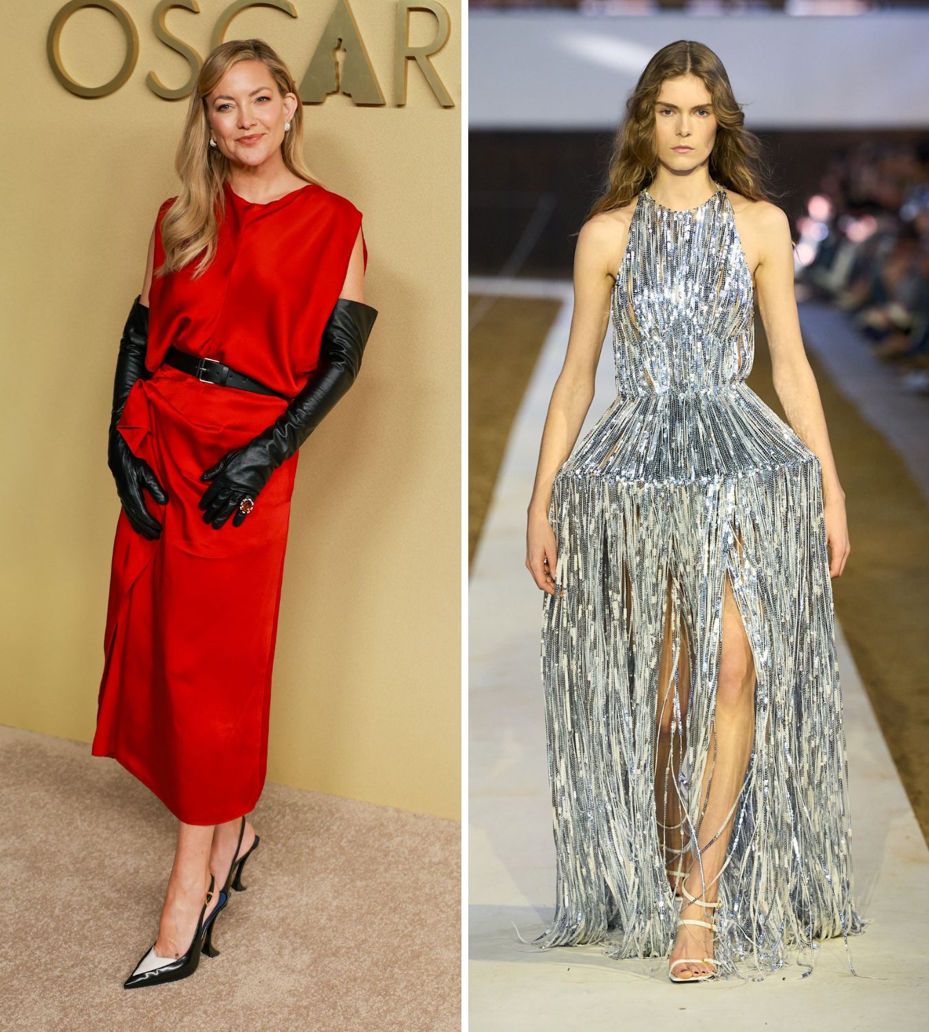 a composite of kate hudson in a red dress and a model at the stella mccartney aw26 show
