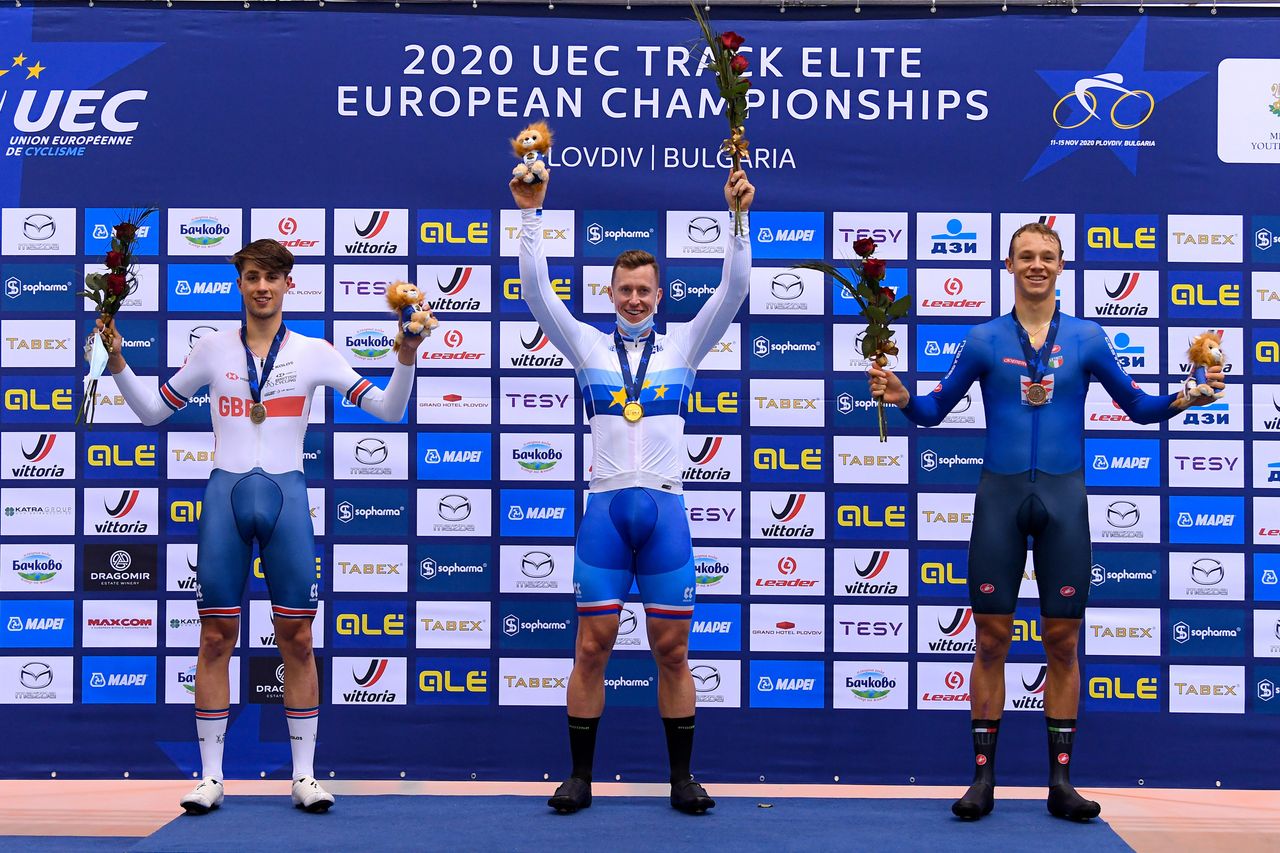 2020 UEC Track European Championships Plovdiv 5th Day 15112020 Men Km Time Trial Jacob Babek Czech Republic Ethan Vernon Great Britain Jonathan Milan Italy photo Dario BelingheriBettiniPhoto2020