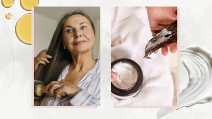 On the left is a close-up of a woman brushing her long, greying hair with a round brush and on the right, is a close-up of someone applying a hair mask to the ends of their hair/ both featured in a white and grey template with hair oil and condition stock images.