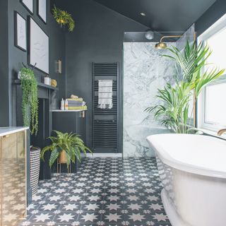 black bathroom with plants