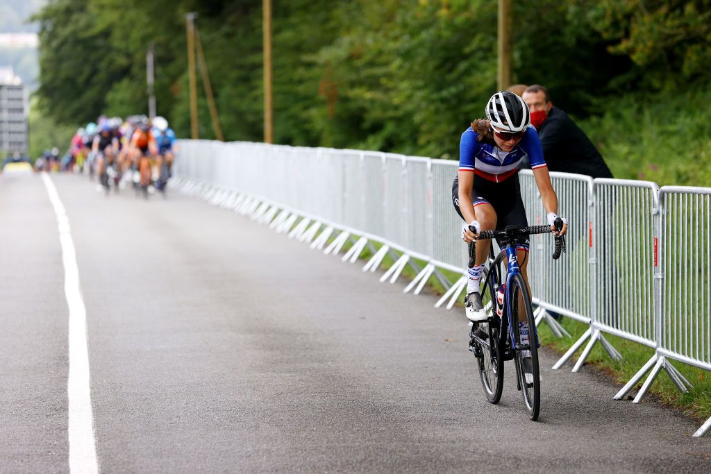 LANDERNEAU FRANCE JUNE 26 Evita Muzic of France and Team FDJ Nouvelle Aquitaine Futuroscope attack in breakaway during the 8th La Course By Le Tour De France 2021 a 1077km race from Brest to Landerneau Cte De La Fosse Aux Loups 176m LaCourse LeTour TDF2021 UCIWWT on June 26 2021 in Landerneau France Photo by Tim de WaeleGetty Images